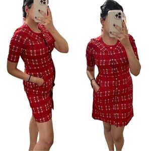 MAISON KITSUNE Plaid Buttoned Short Sleeve Mini Dress Red Sz S